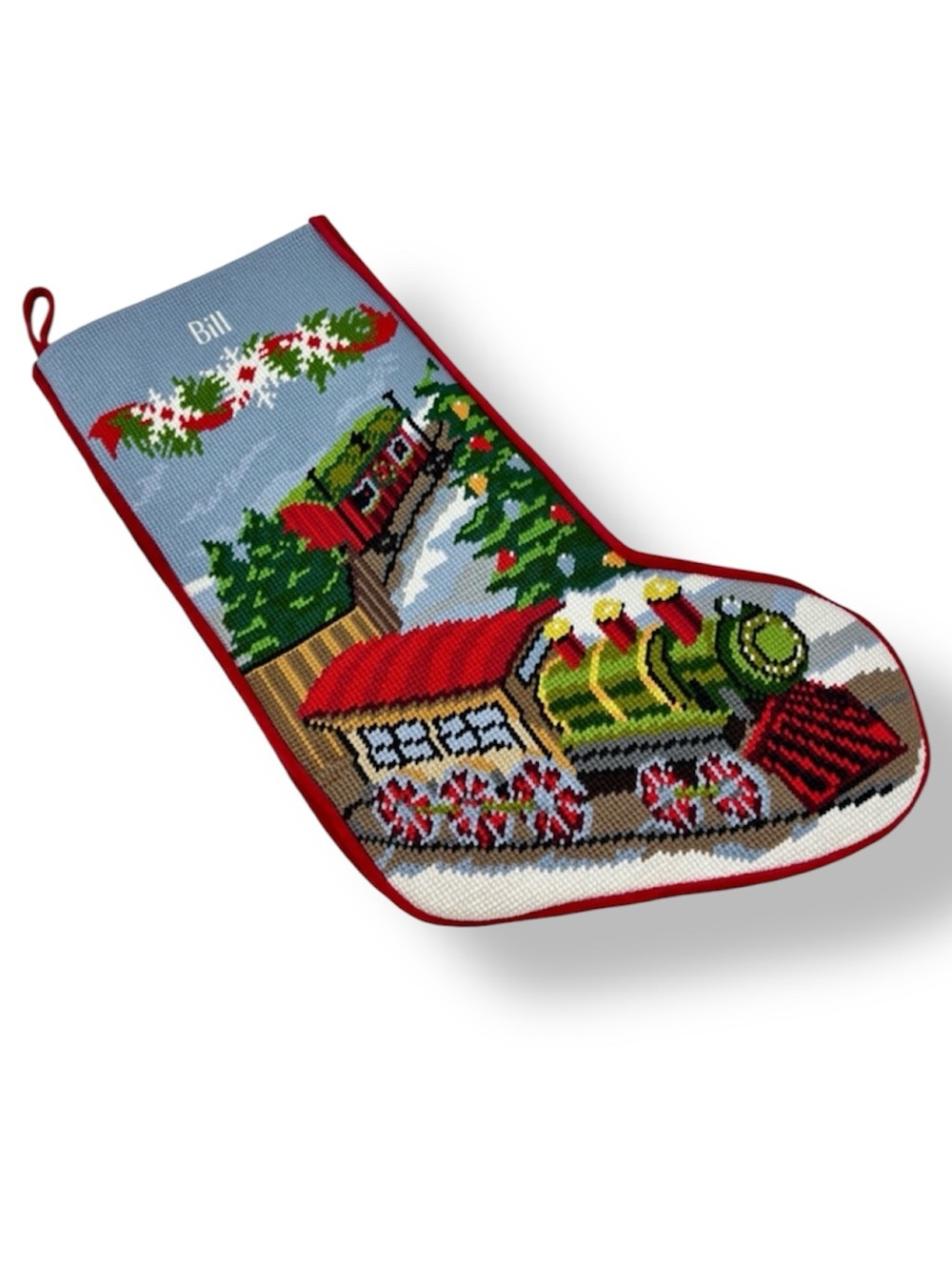 LL Bean Needlepoint Personalized Christmas Stocking BILL Trains Trees Snowflakes